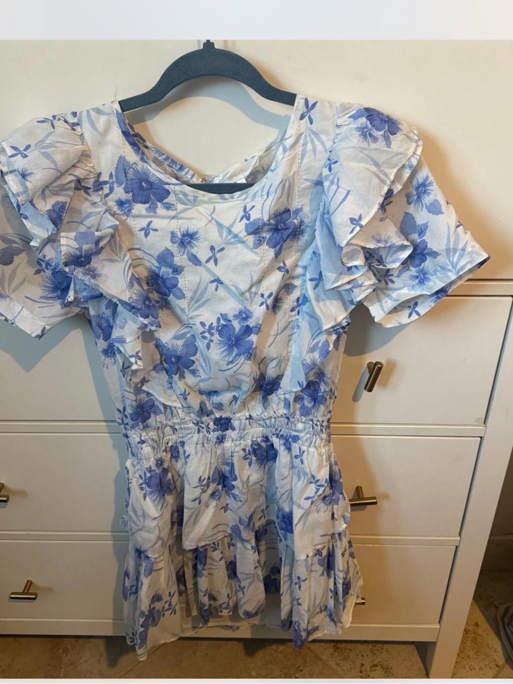 LoveShackFancy White and Blue Floral Ruffle Mini Dress